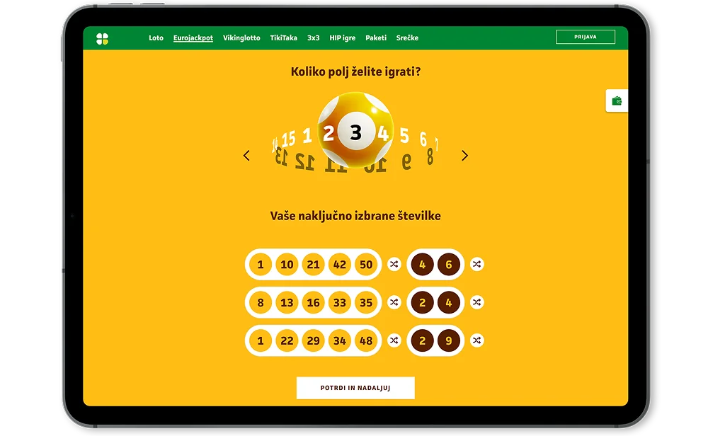Loterija Slovenije Eurojackpot number picker on a tablet